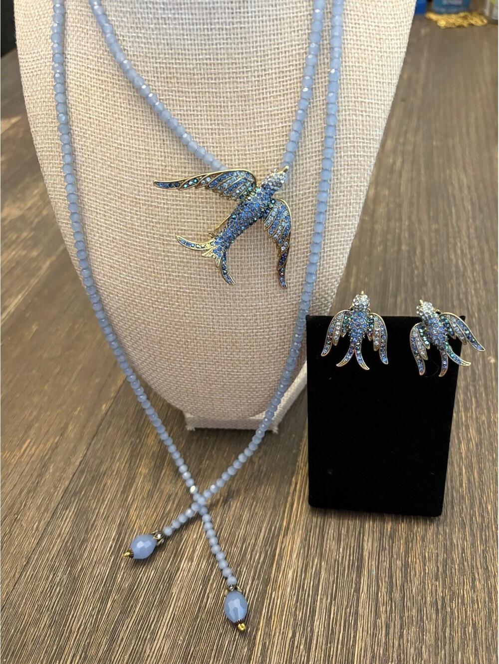 Heidi Daus Blue Bird Brooch lariat Necklace Clip-On Earrings